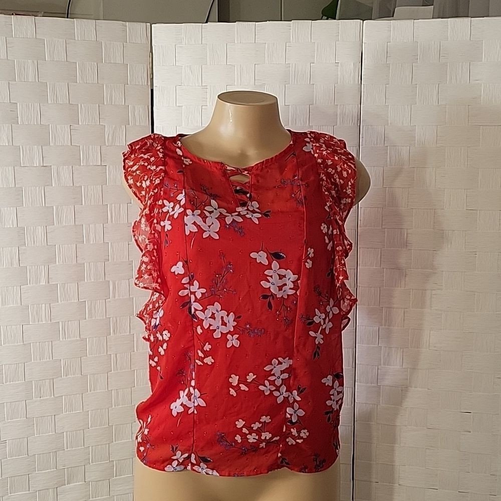CANDIES CASUAL SLEEVELESS RUFFLE ROUNDNECK ALL OVER FLORAL PRINTED DESIGN SHIRT - Picture 2 of 13